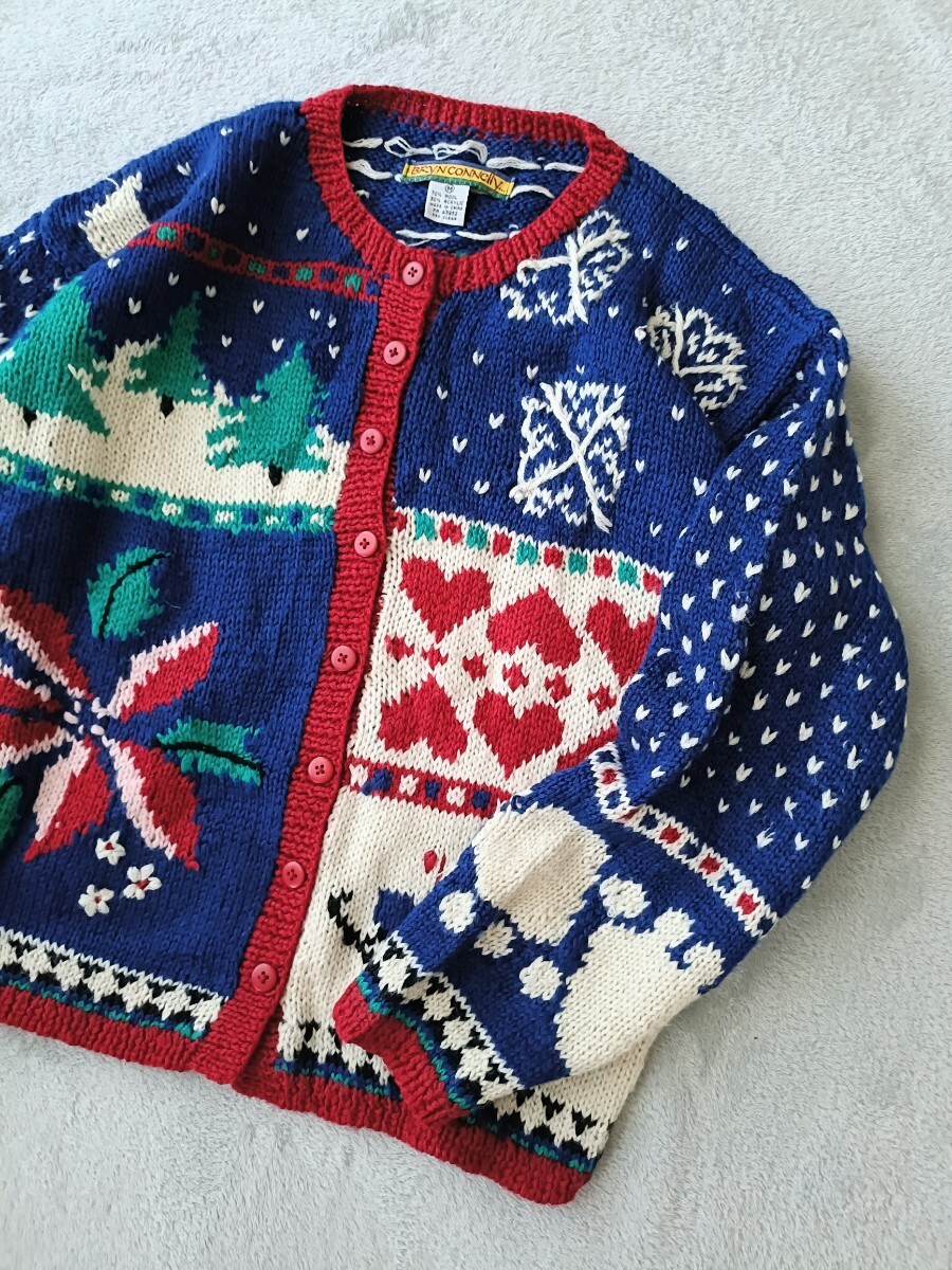 ノルディックカーディガン パッチワーク風デザイン 80s〜90s ニットセーター ヴィンテージ アメリカ古着 ホリデーニット アグリーニット_画像1