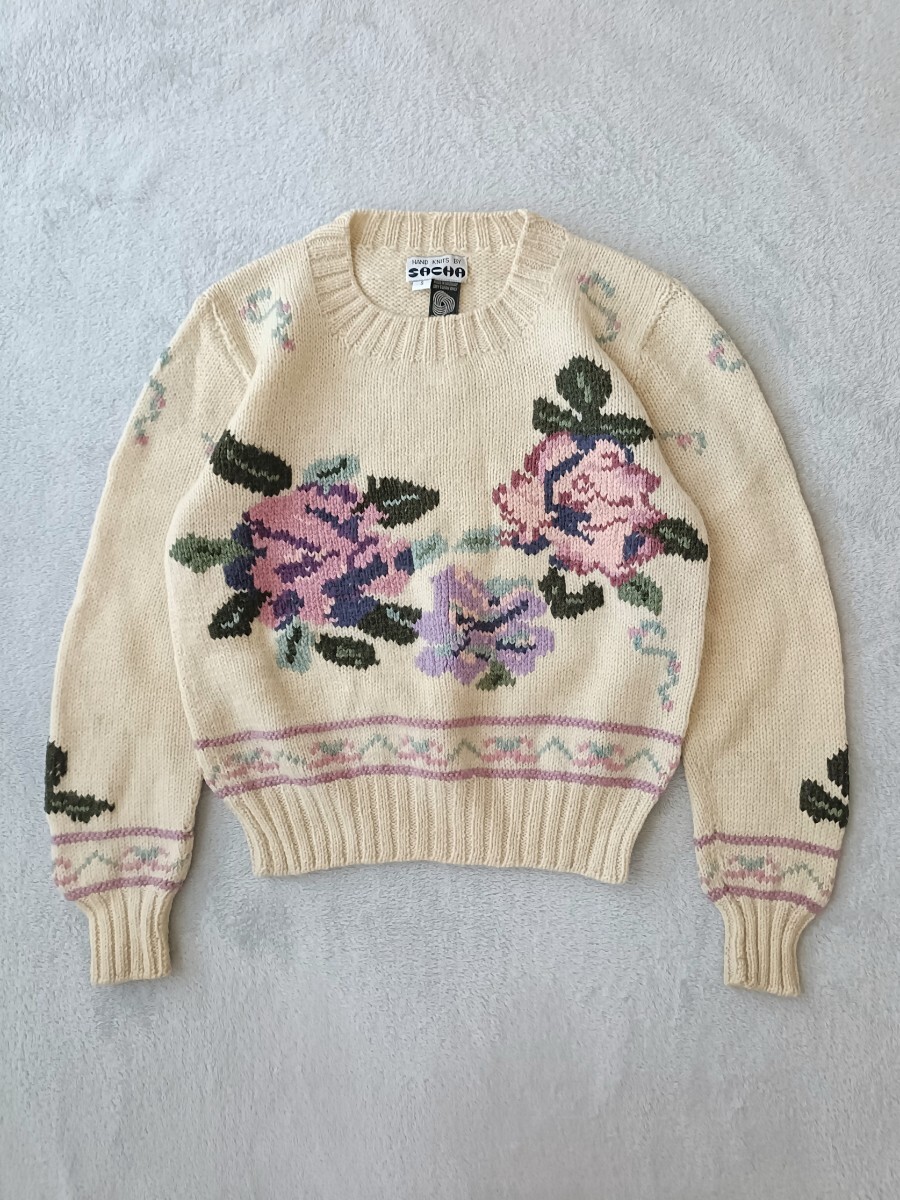 ウルグアイ製 花柄ウールニットセーター 薔薇 ローズ ハンドニット セーター 古着 ヴィンテージ ウール インポート古着 ローゲージ レトロ_画像2