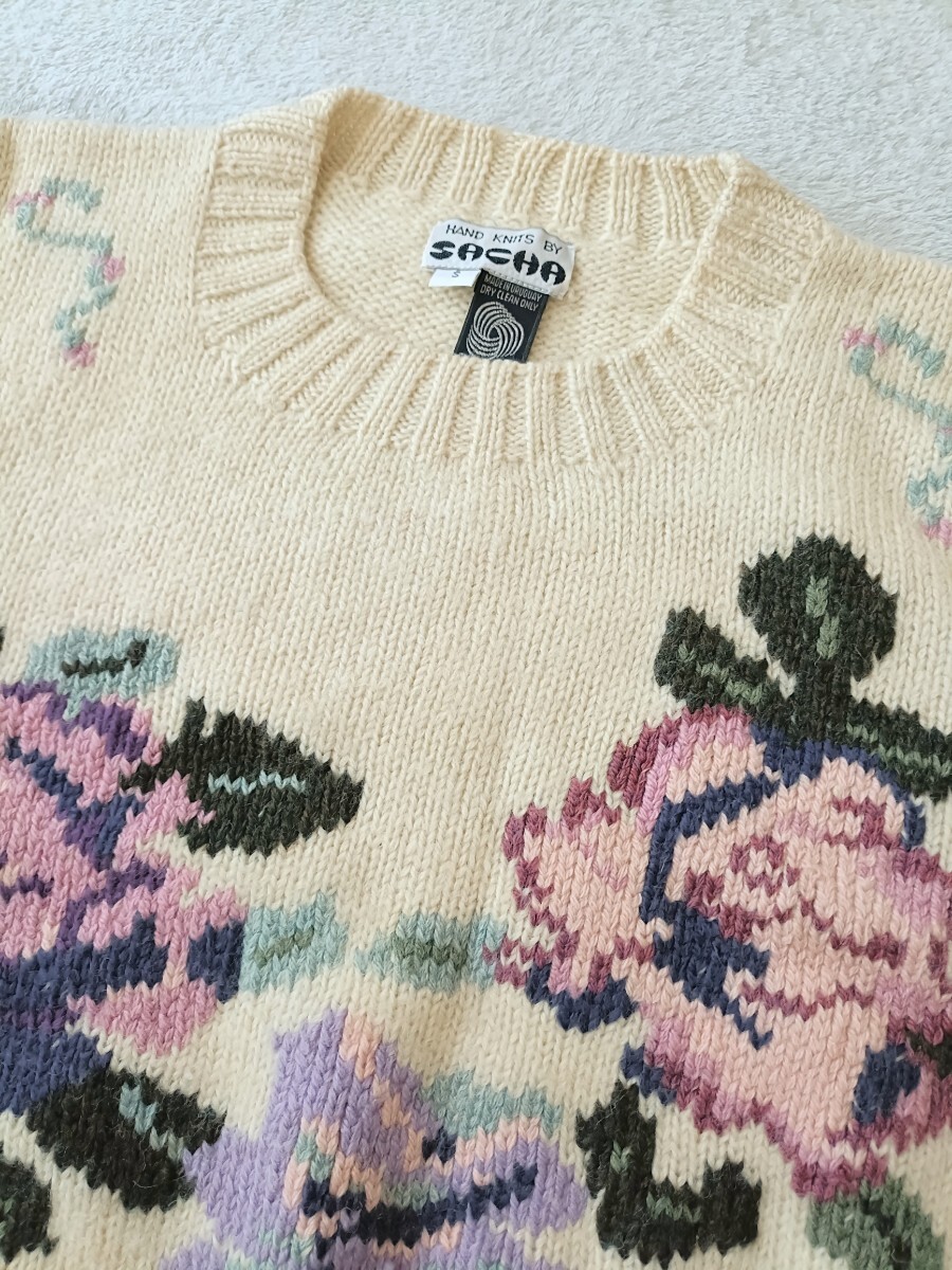 ウルグアイ製 花柄ウールニットセーター 薔薇 ローズ ハンドニット セーター 古着 ヴィンテージ ウール インポート古着 ローゲージ レトロ_画像4