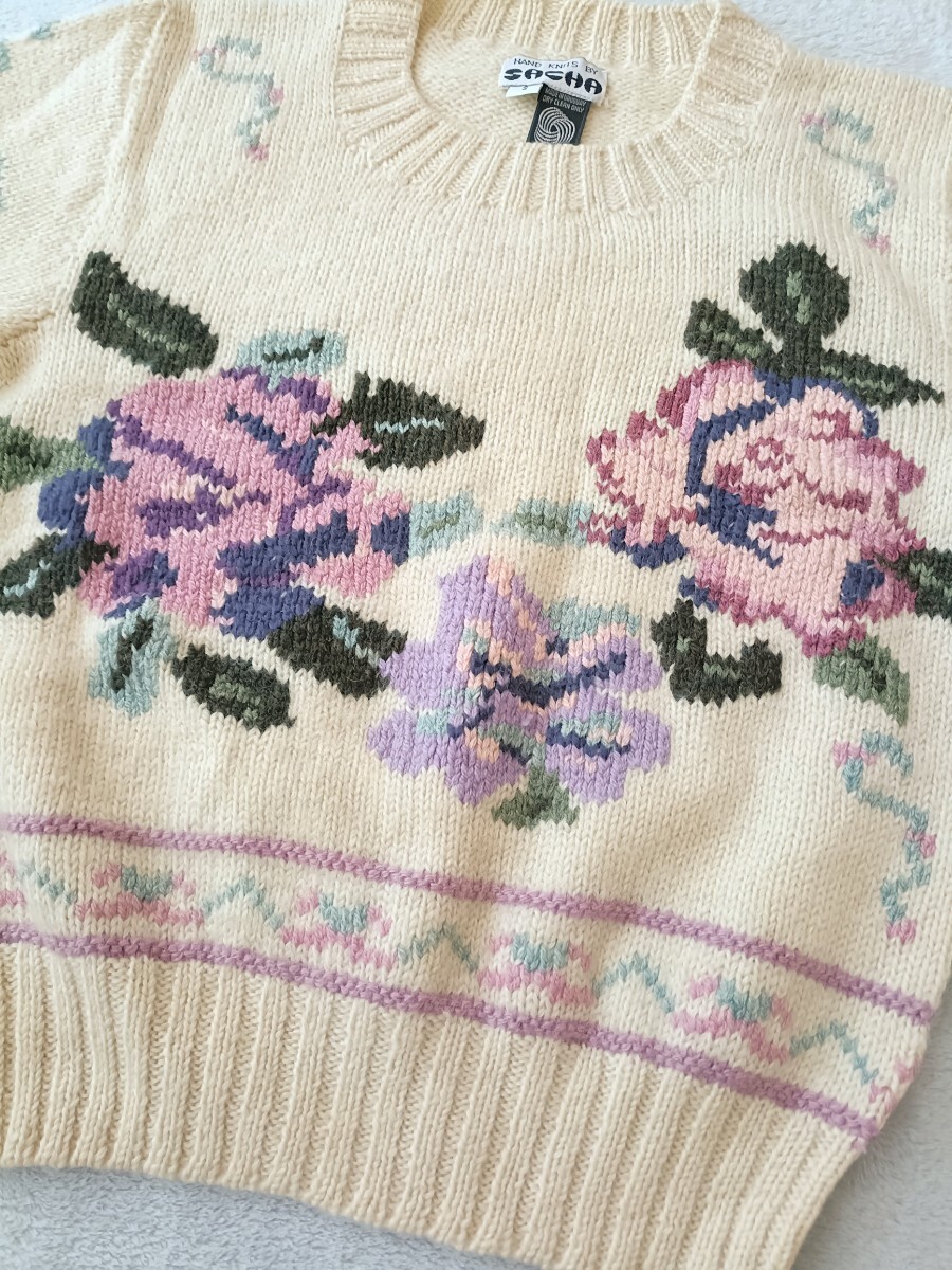 ウルグアイ製 花柄ウールニットセーター 薔薇 ローズ ハンドニット セーター 古着 ヴィンテージ ウール インポート古着 ローゲージ レトロ_画像5