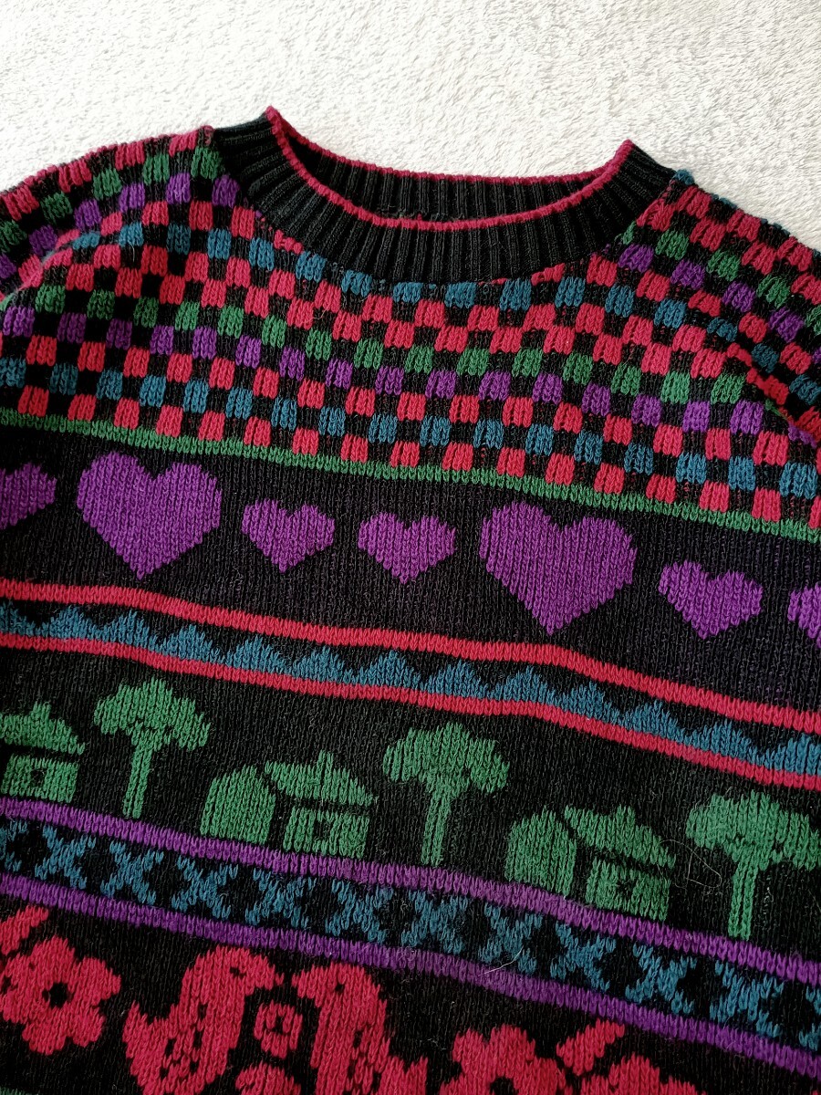 アメリカ古着 個性派 80s 90s 総柄ニットセーター ビッグシルエット レトロ ヴィンテージ マルチカラー 幾何学 ハート アニマル柄 ゆったり_画像4