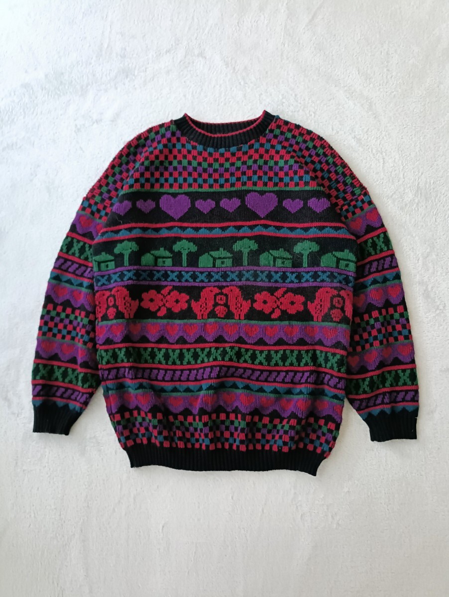 アメリカ古着 個性派 80s 90s 総柄ニットセーター ビッグシルエット レトロ ヴィンテージ マルチカラー 幾何学 ハート アニマル柄 ゆったり_画像2