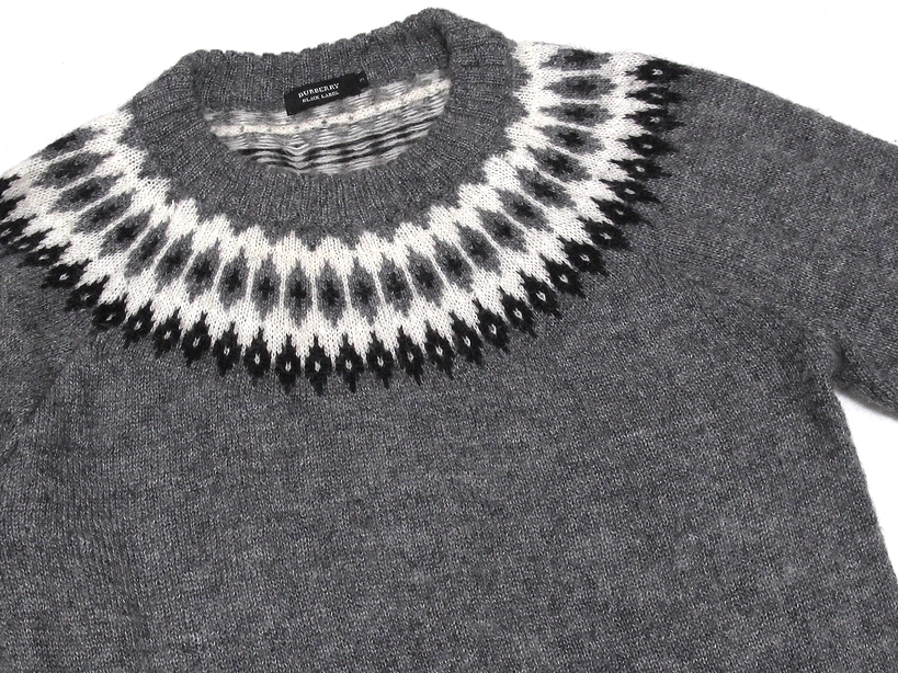 即決 極美品 BURBERRY BLACK LABEL バーバリーブラックレーベル ノルディック柄 ロゴプレート モヘヤ混 ニットセーター グレー 3 メンズ_画像3