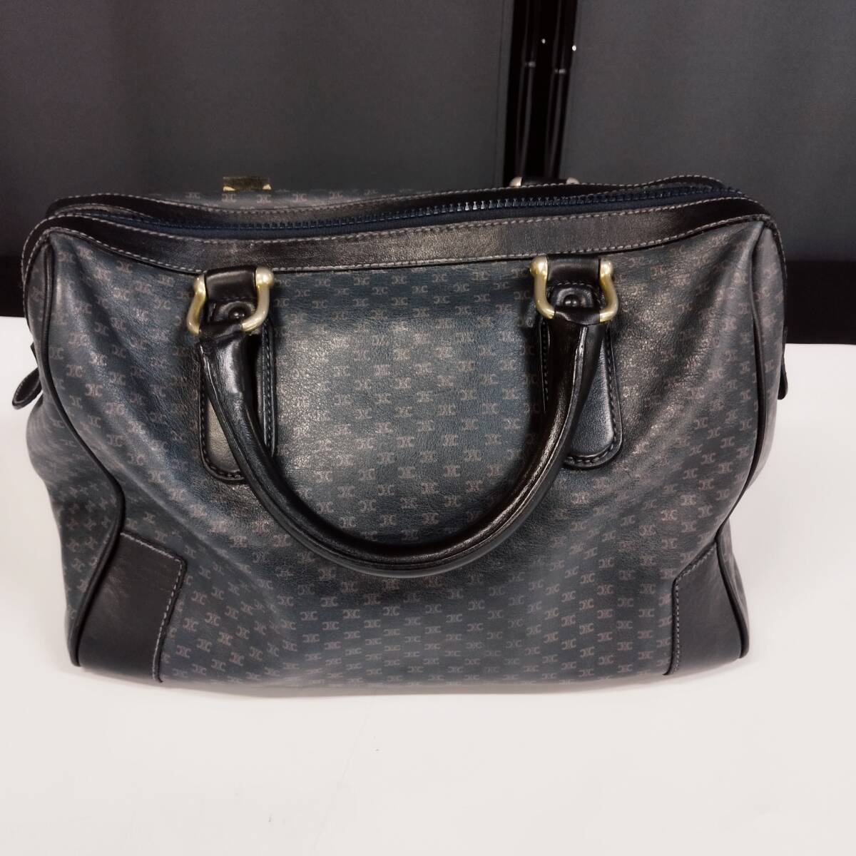 【D13141】難ありジャンク　CELINE　ハンドバッグ　ミニボストンバッグ　マカダム柄　レザー　ネイビー_画像1