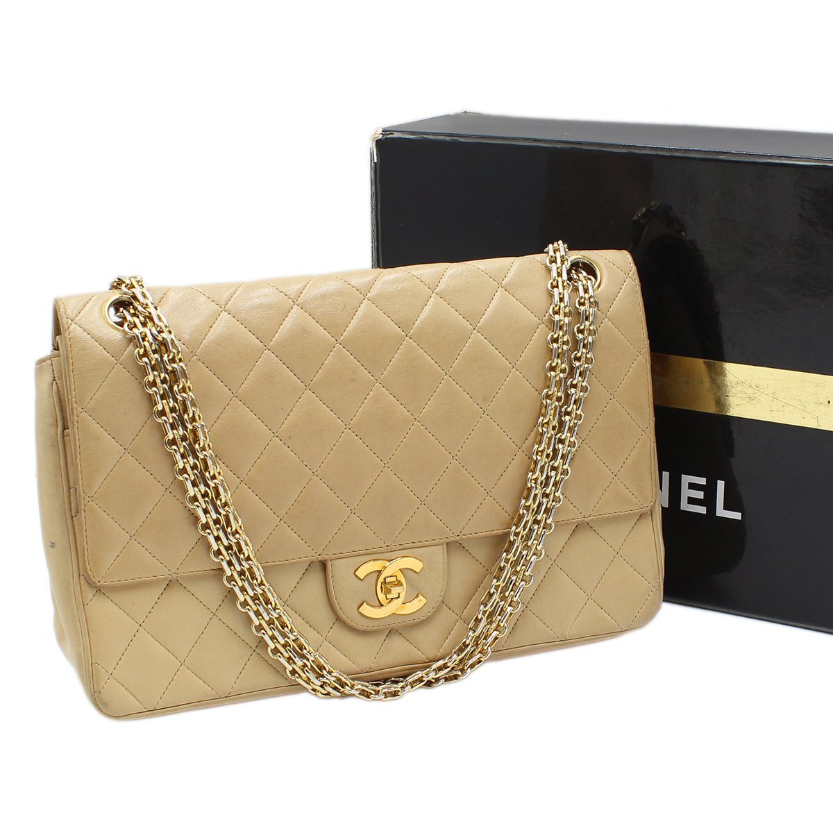 ★R2189 シャネル マトラッセ ダブルフラップ ターンロック チェーンショルダーバッグ 25cm ベージュ×ゴールド金具 ヴィンテージ CHANEL★_画像1