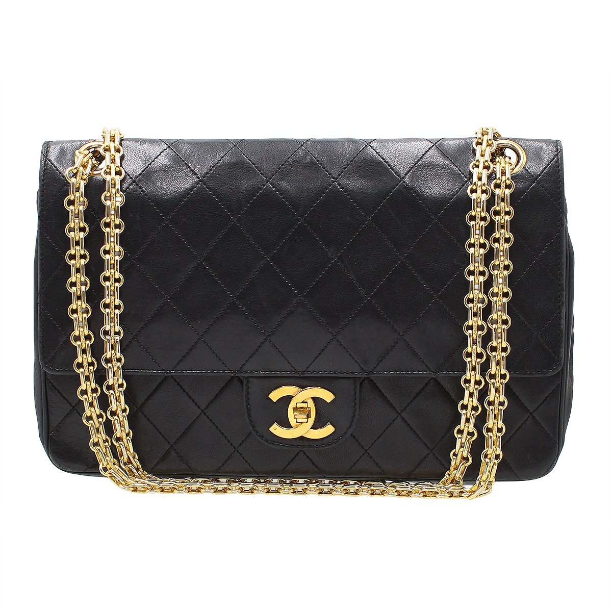★R2188 シャネル マトラッセ ダブルフラップ ターンロック チェーンショルダーバッグ 25cm ブラック×ゴールド金具 ヴィンテージ CHANEL★_画像1