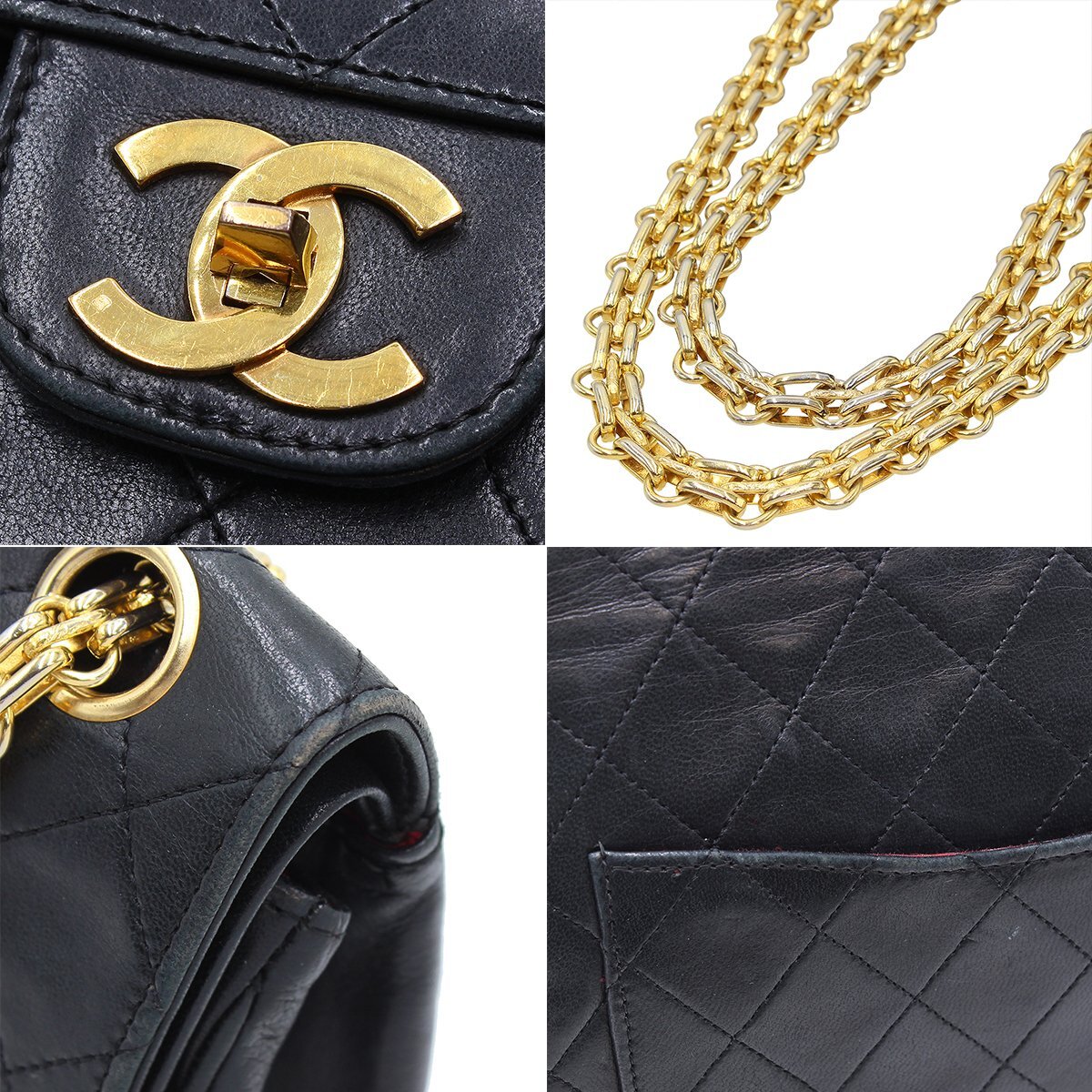 ★R2188 シャネル マトラッセ ダブルフラップ ターンロック チェーンショルダーバッグ 25cm ブラック×ゴールド金具 ヴィンテージ CHANEL★_画像5