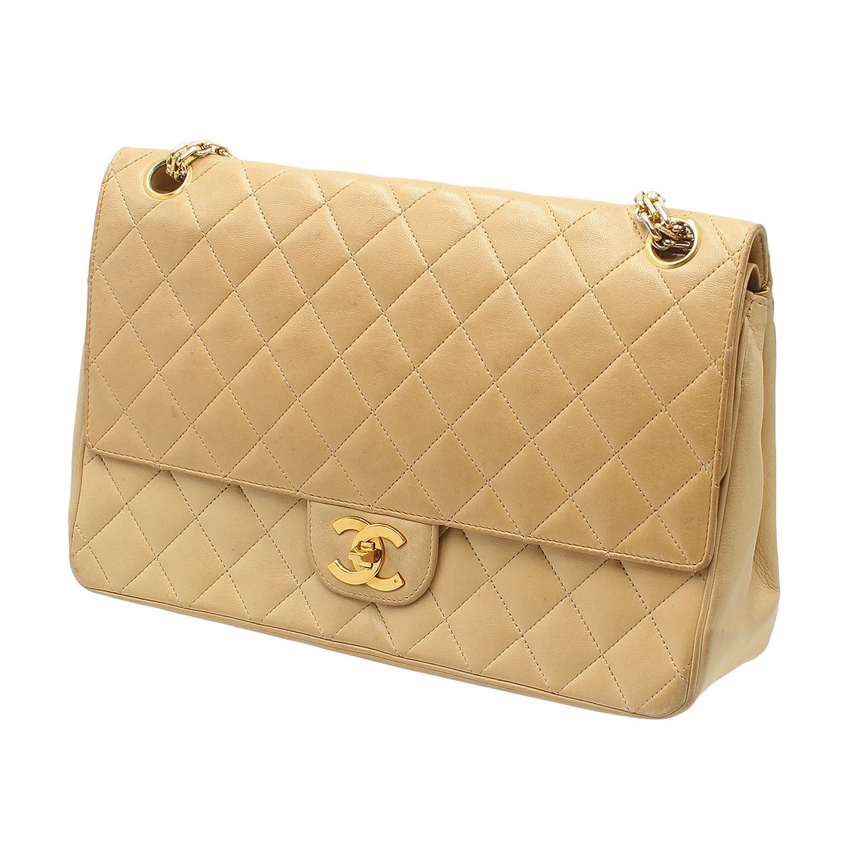 ★R2189 シャネル マトラッセ ダブルフラップ ターンロック チェーンショルダーバッグ 25cm ベージュ×ゴールド金具 ヴィンテージ CHANEL★_画像4