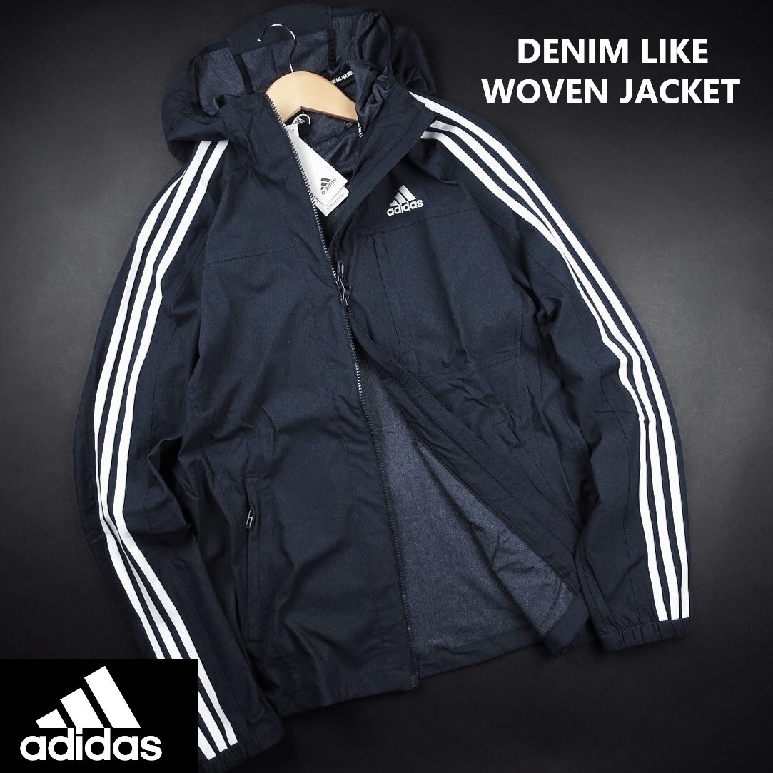 新品 ■ アディダス adidas スリーストライプス デニムライク ウーブンクロスジャケット ウインドブレーカーF22/389紺/【L】定価9350円_画像1