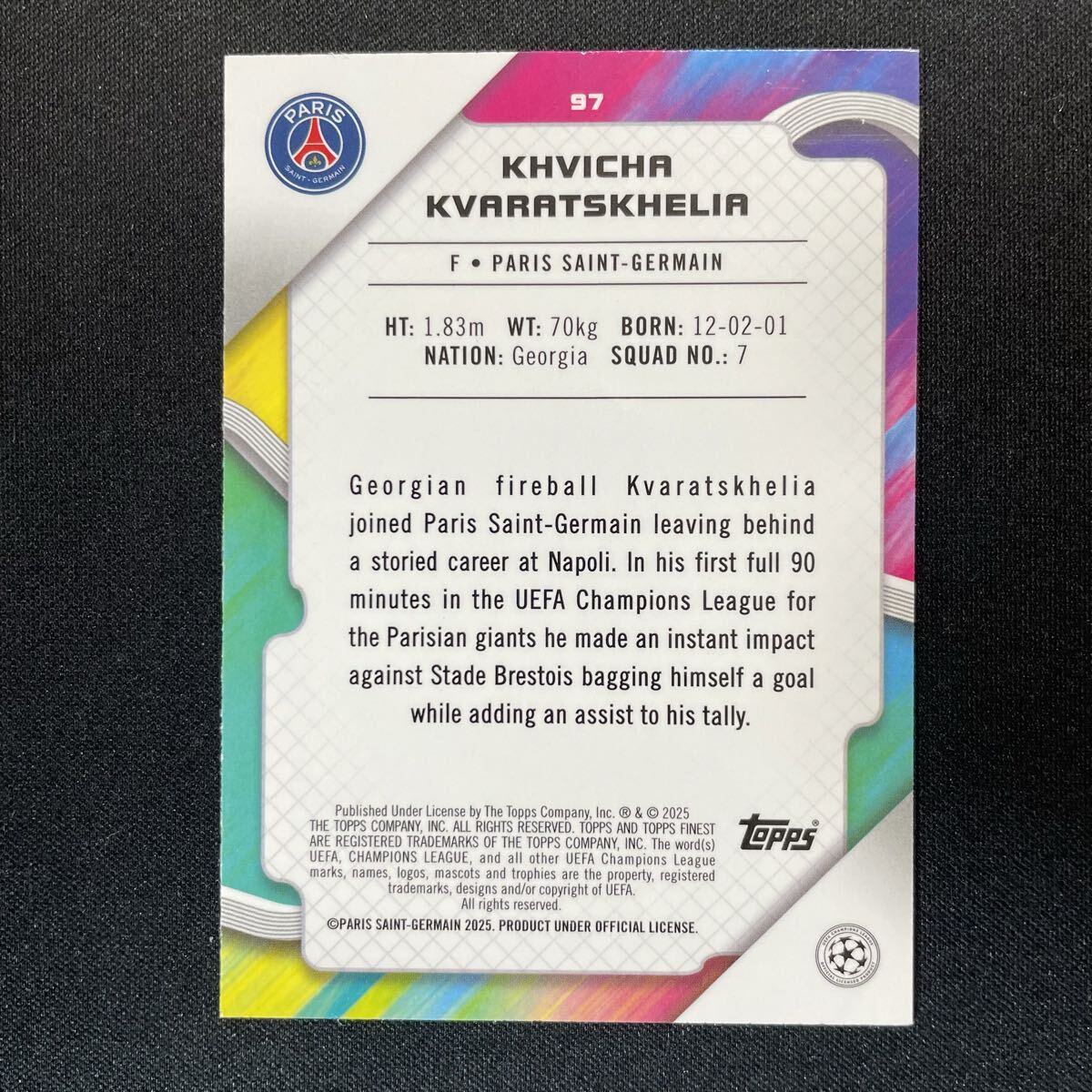 2024-25 Topps Finest UEFA Khvicha Kvaratskhelia Paris Saint-Germain /150 フヴィチャ・クヴァラツヘリア_画像2