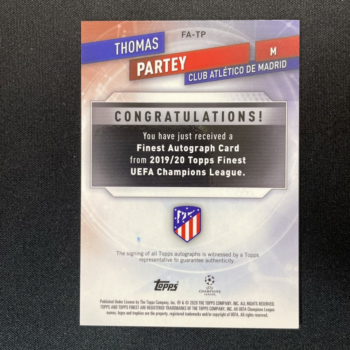 2019-20 Topps Finest UEFA Thomas Partey Auto Atletico de Madrid 直筆サインカード トーマス・パーテイ_画像2