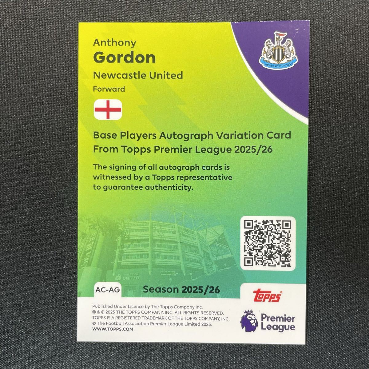 2025-26 Topps EPL Anthony Gordon Auto Newcastle United 直筆サインカード アンソニー・ゴードン_画像2