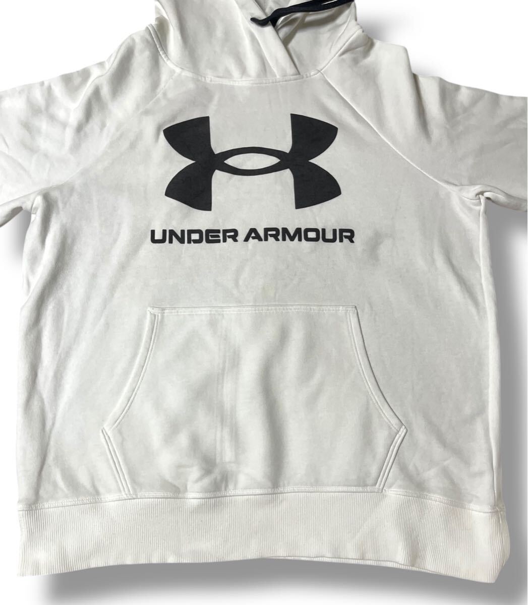 UNDER ARMOUR フーディー 裏起毛 ロゴ パーカー ホワイト XL ●洗濯プレス済● アンダーアーマー スウェット プルオーバー 白 古着/802_画像2