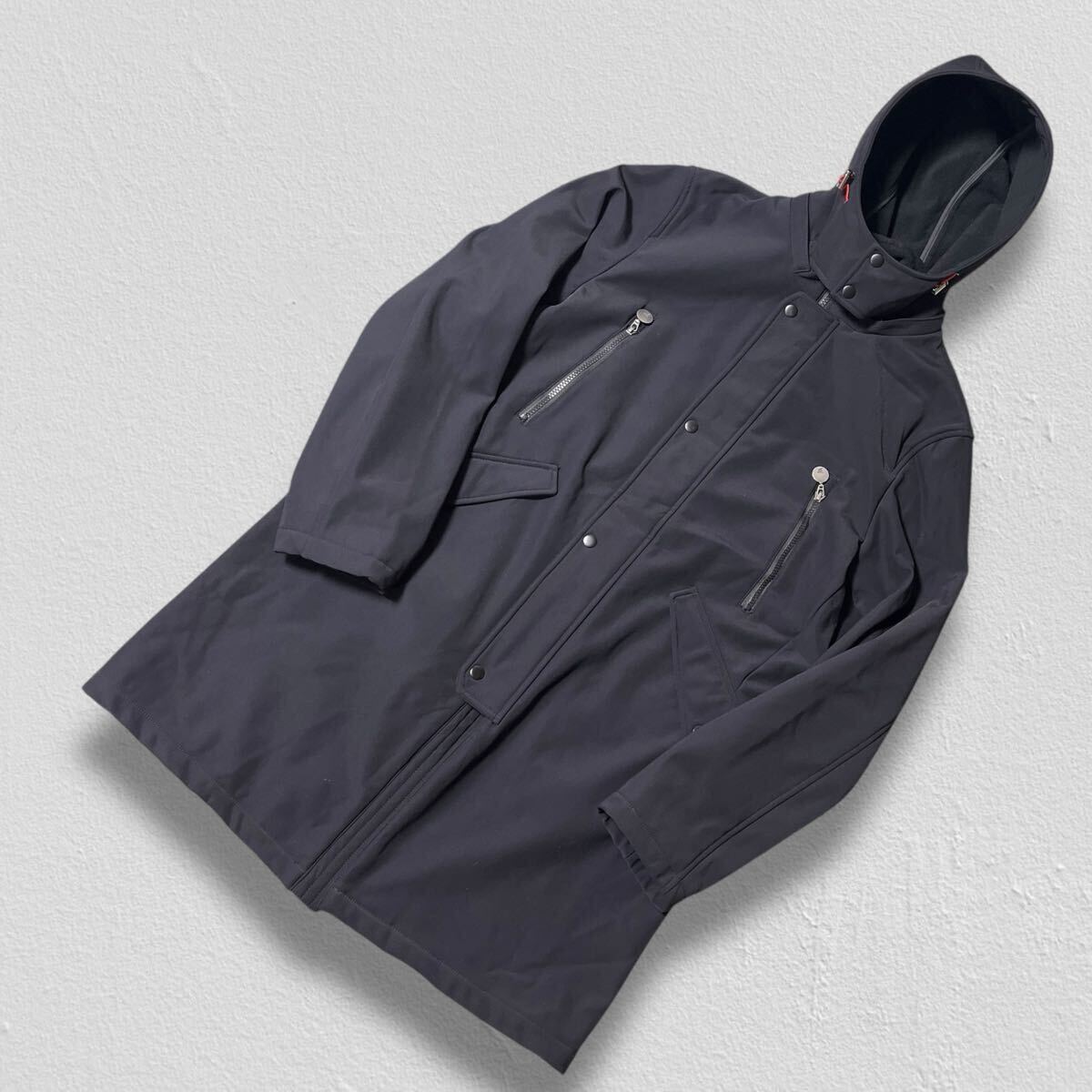 G-stage フーディーロングコート ブラック50 ●洗濯プレス済● ジーステージ 黒 フード着脱可 ソフトシェル素材 裏フリース 防寒 古着/813_画像1