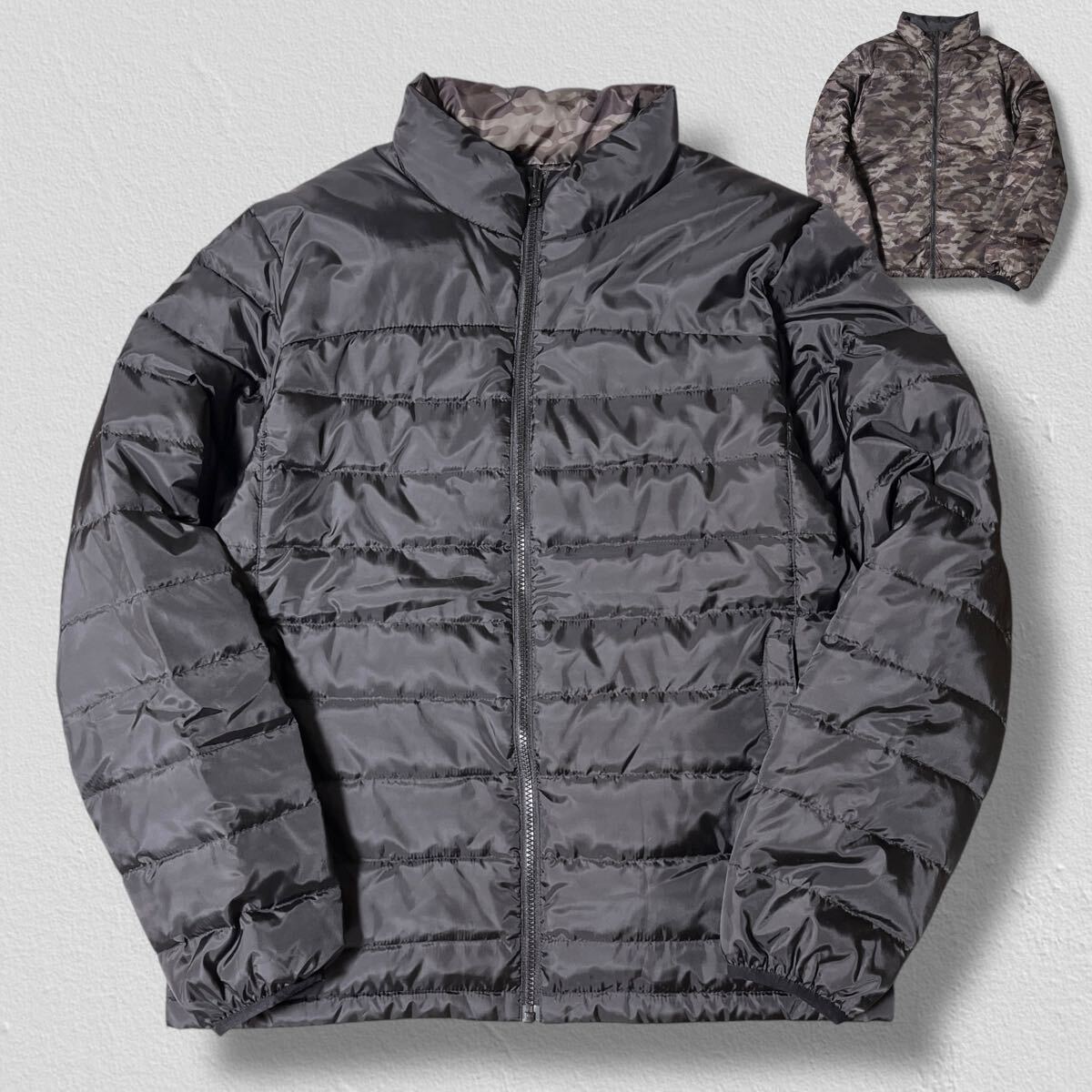 EDWIN リバーシブルダウンジャケット 立ち襟 カモフラ×ブラック L ●洗濯プレス済● エドウィン 中綿 50/50 軽量 アウター 黒 古着/816_画像1