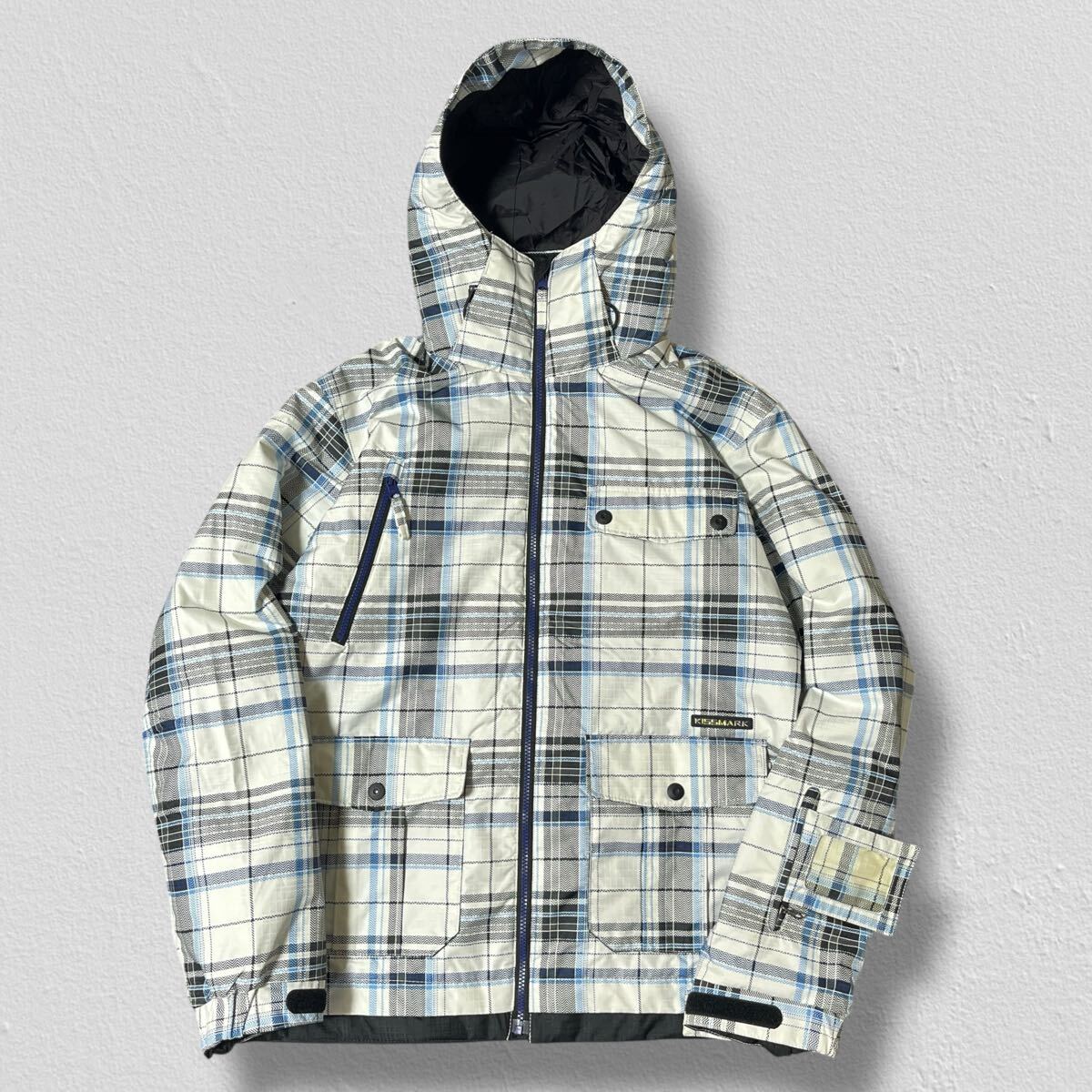 kissmark スノーウェア ホワイト×ブルー系チェック柄 L ●洗濯プレス済● キスマーク中わた フードディージャケット 防寒 古着/822_画像1