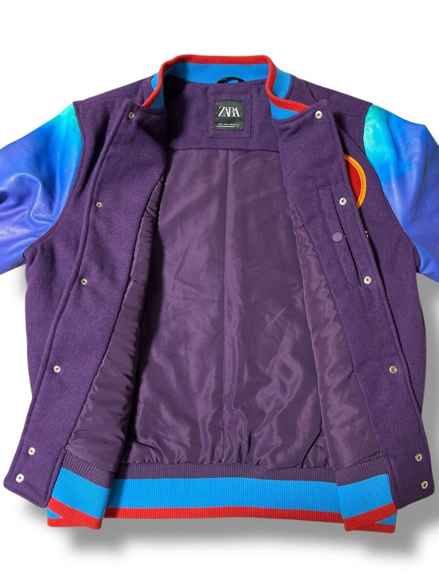 ZARA 刺繍ワッペンスタジャン グレープ×ブルー系 M ●洗濯プレス済● ザラ 宇宙 惑星 グラデーション袖 バーシティジャケット 古着/808_画像3