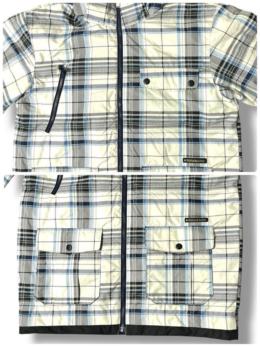 kissmark スノーウェア ホワイト×ブルー系チェック柄 L ●洗濯プレス済● キスマーク中わた フードディージャケット 防寒 古着/822_画像3