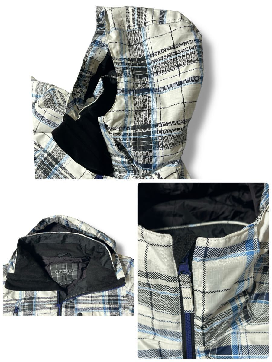 kissmark スノーウェア ホワイト×ブルー系チェック柄 L ●洗濯プレス済● キスマーク中わた フードディージャケット 防寒 古着/822_画像4
