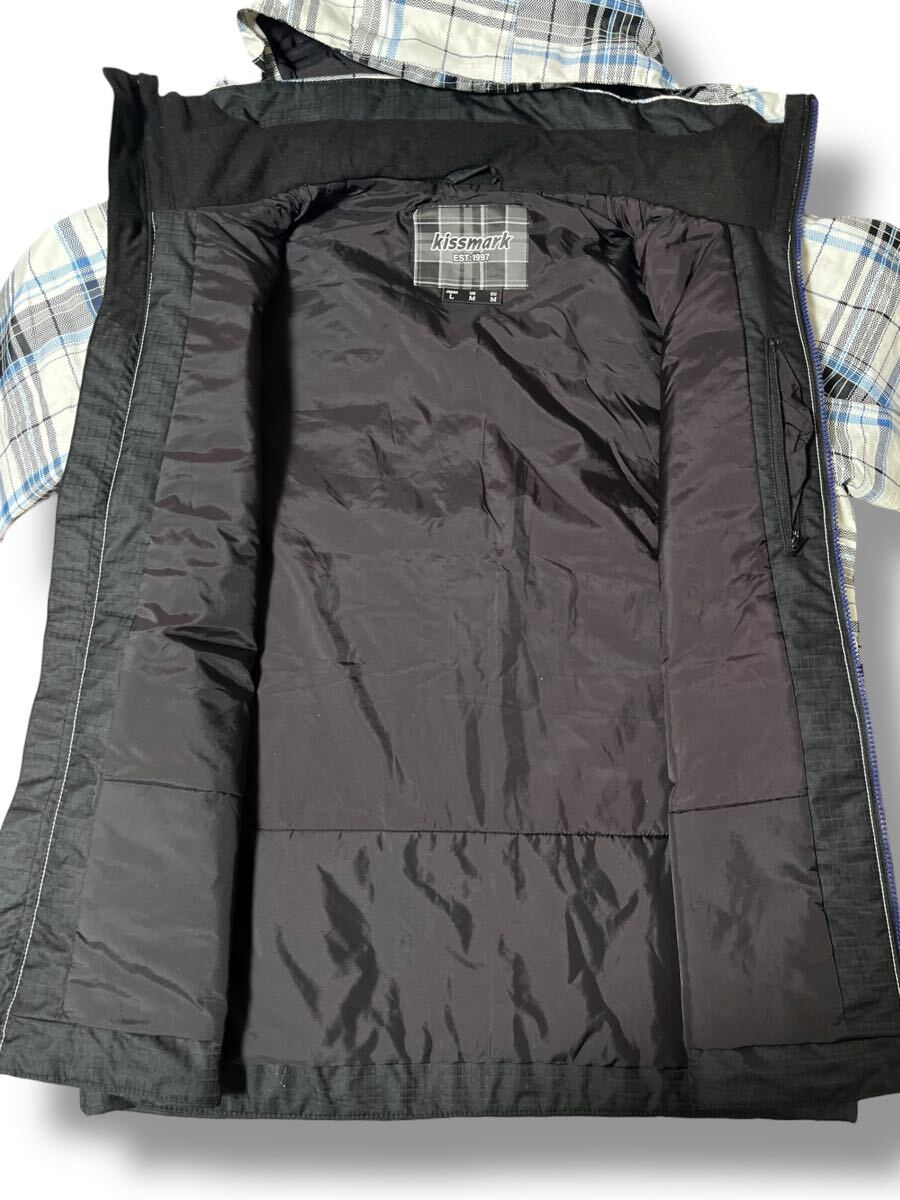 kissmark スノーウェア ホワイト×ブルー系チェック柄 L ●洗濯プレス済● キスマーク中わた フードディージャケット 防寒 古着/822_画像7