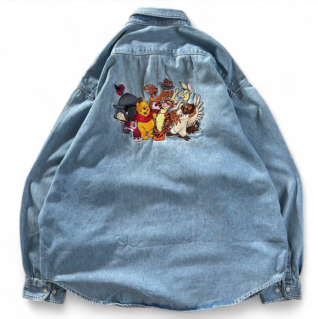 90s ディズニー Disney 刺繍デニムシャツ プーさんと仲間たち 長袖 シャツ vintage Winnie The Pooh メンズ XL 古着 / 2789_画像7