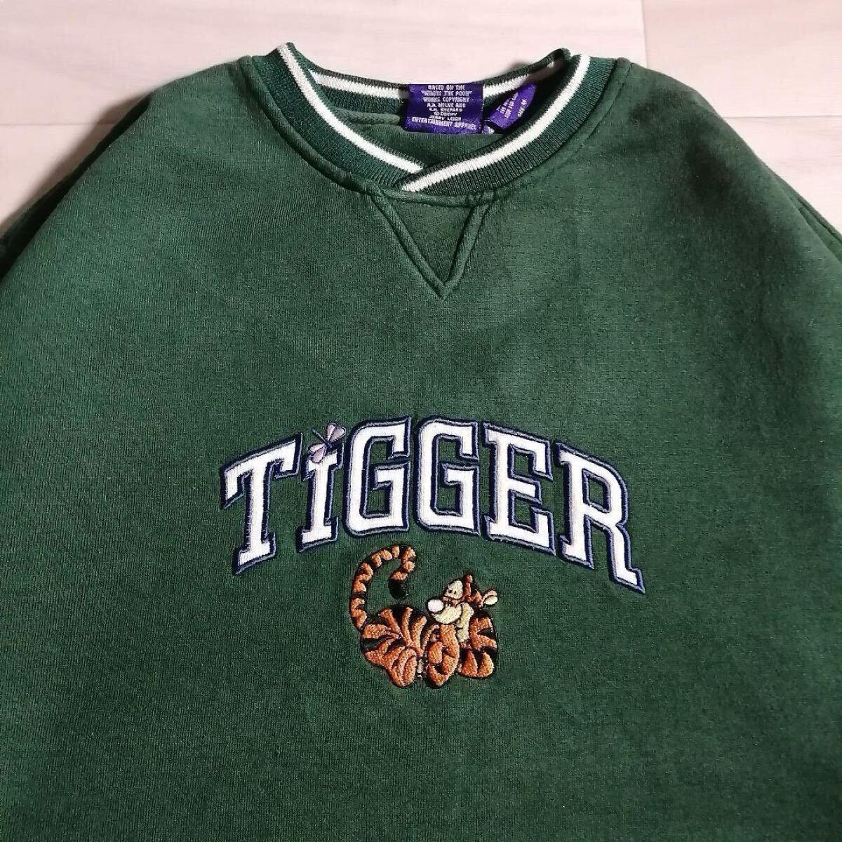 POOH Disney ディズニー 刺繍 スウェット トレーナー くまのプーさん ティガー TIGGER グリーン M 古着 ヴィンテージ ユニセックス / 2526_画像6