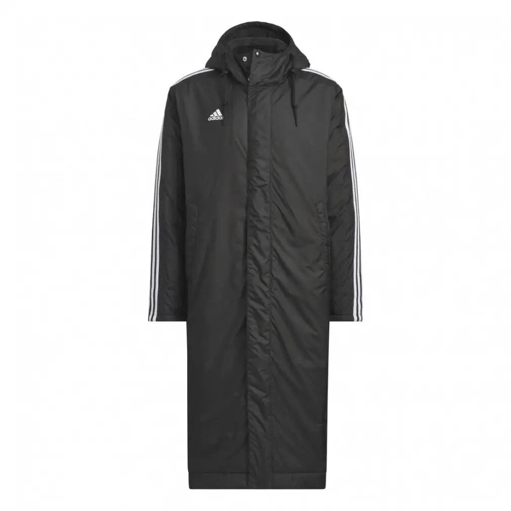 Lサイズ 新品 adidas (アディダス)マストハブ スリーストライプス ルーズフィット ライニングロングコート ブラック/ホワイト ベンチコート_画像1