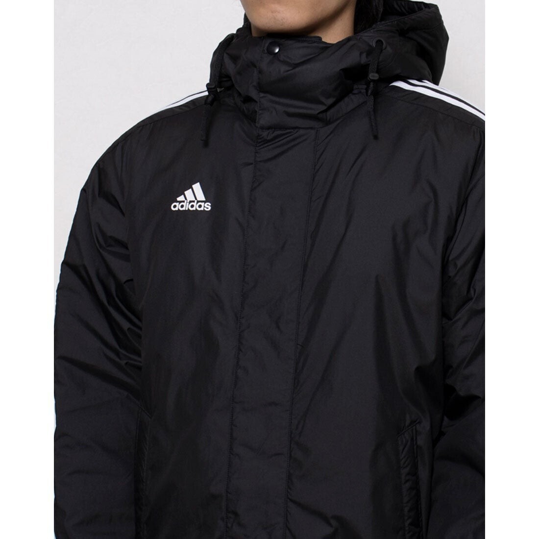 Lサイズ 新品 adidas (アディダス)マストハブ スリーストライプス ルーズフィット ライニングロングコート ブラック/ホワイト ベンチコート_画像2