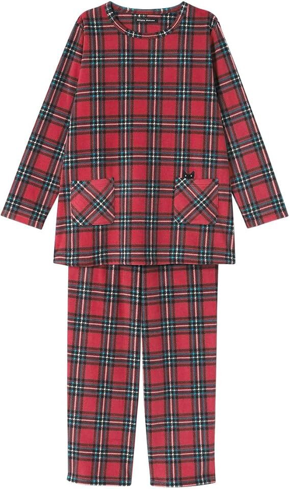 Mサイズ　マタノアツコ　俣野温子★ワコール新品タグ付パジャマ長袖ルームウエア　トップス　ボトムス　丸首チェック柄フリースRE　メメ猫_画像1