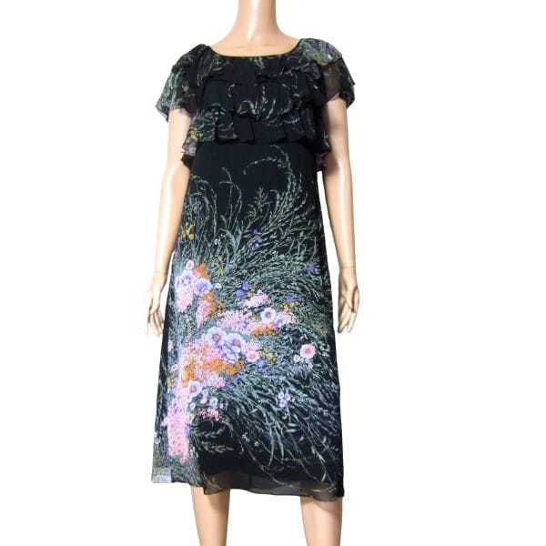 美品/ハナエモリ HANAE MORI ワンピース 小さいサイズ 表記 7号 S 相当 古着 黒 ブラック レディース 春 夏 半袖 薄手 シフォン 花柄_画像1