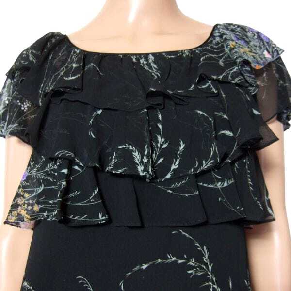美品/ハナエモリ HANAE MORI ワンピース 小さいサイズ 表記 7号 S 相当 古着 黒 ブラック レディース 春 夏 半袖 薄手 シフォン 花柄_画像2