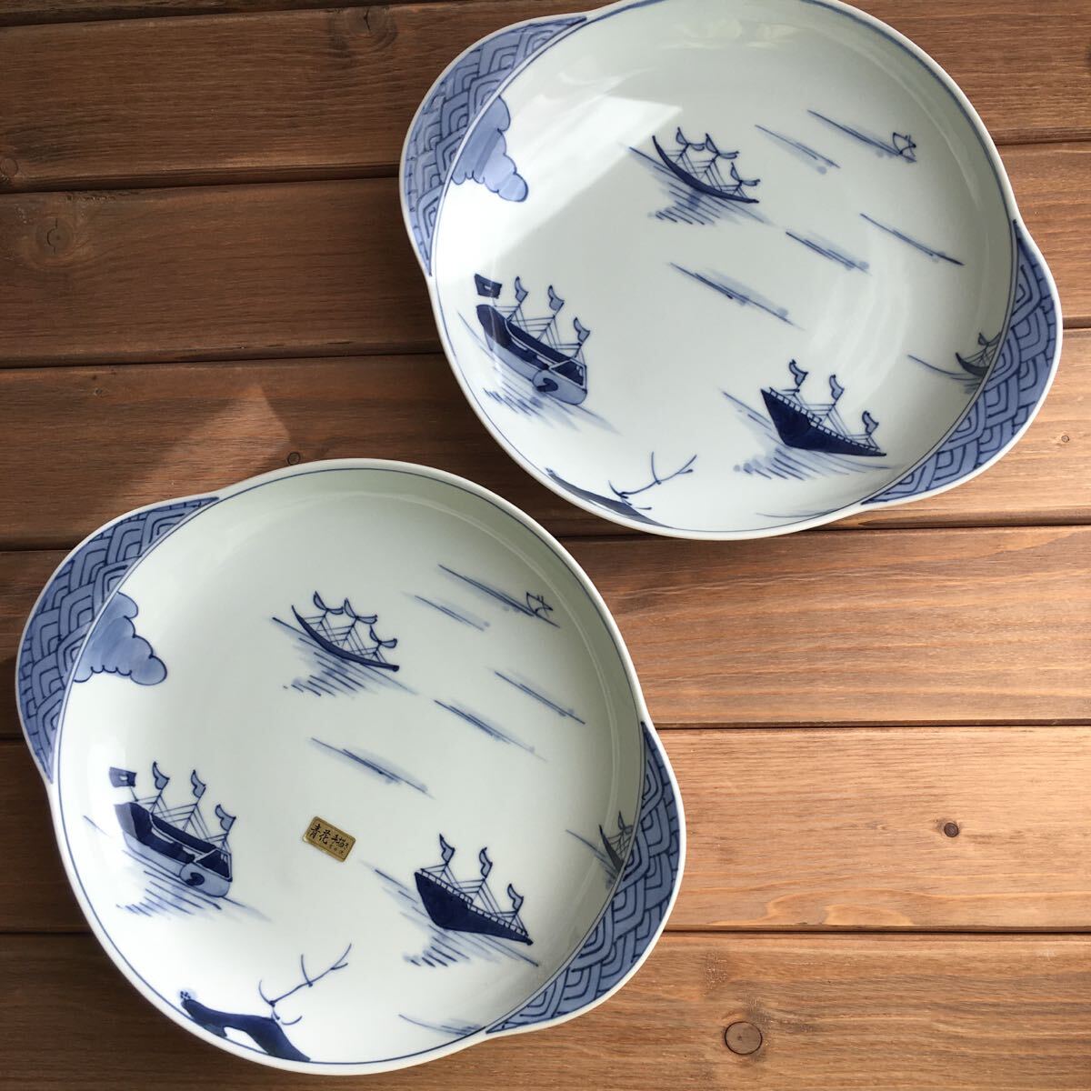 青花しん窯 船 耳付きプレート2枚 パスタプレート ワンプレートごはん大皿27㎝ 未使用品◆送料込み◆即配送_画像1