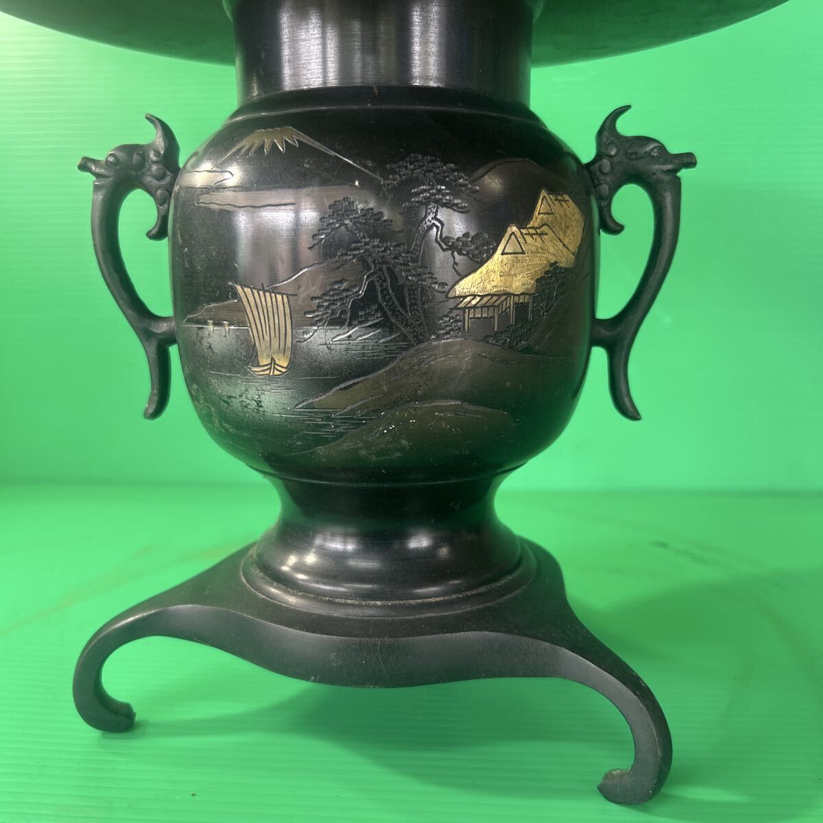 華道具　薄端　骨董　アンティーク　旧家蔵出し　中国　唐物　銅製　花器 池坊薄端 うすばた 水盤 花器 花道具 華道　生花　生け花　現状品_画像2