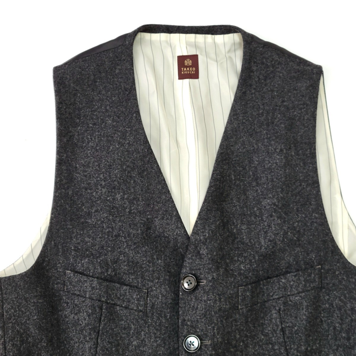 【極美品】超高級 タケオキクチ 秋冬起毛フランネル M 2 ベスト グレー ネクタイパンツスーツテーラードジャケットに○44_画像3