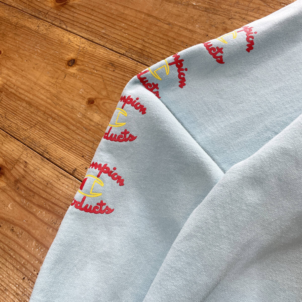 USA 古着 Champion チャンピオン スウェット パーカー ロゴ 袖プリント ライトブルー メンズL BE0158_画像5