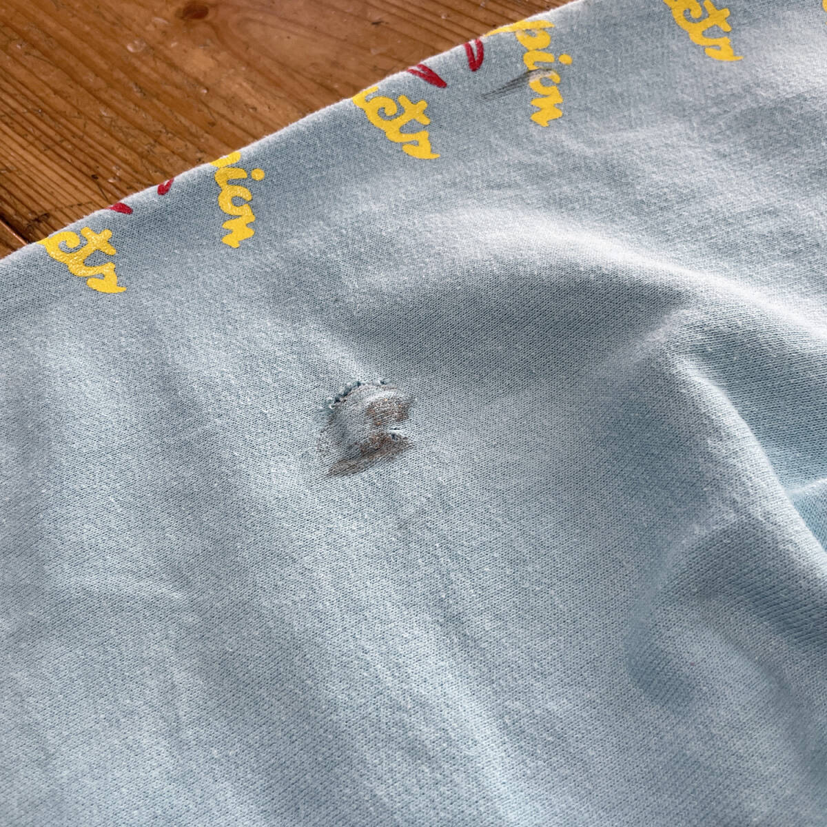 USA 古着 Champion チャンピオン スウェット パーカー ロゴ 袖プリント ライトブルー メンズL BE0158_画像8