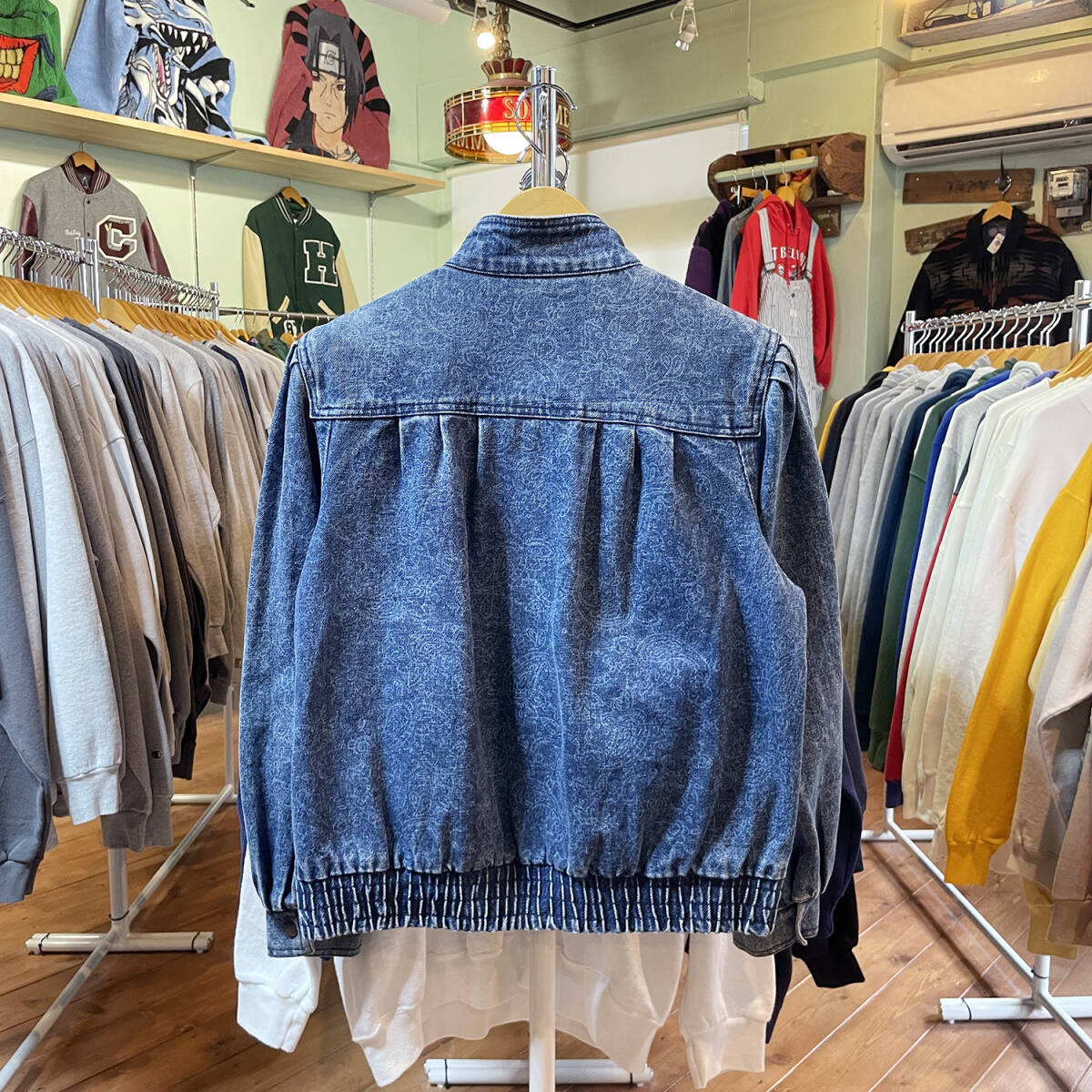 USA 古着 ヴィンテージ スタンドカラー 花柄 デニムジャケット Gジャン ジージャン ネイビー レディースL AE0006_画像2