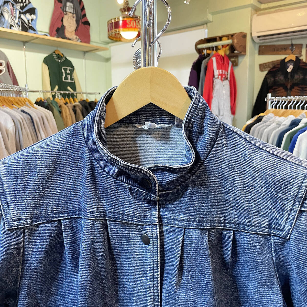 USA 古着 ヴィンテージ スタンドカラー 花柄 デニムジャケット Gジャン ジージャン ネイビー レディースL AE0006_画像3