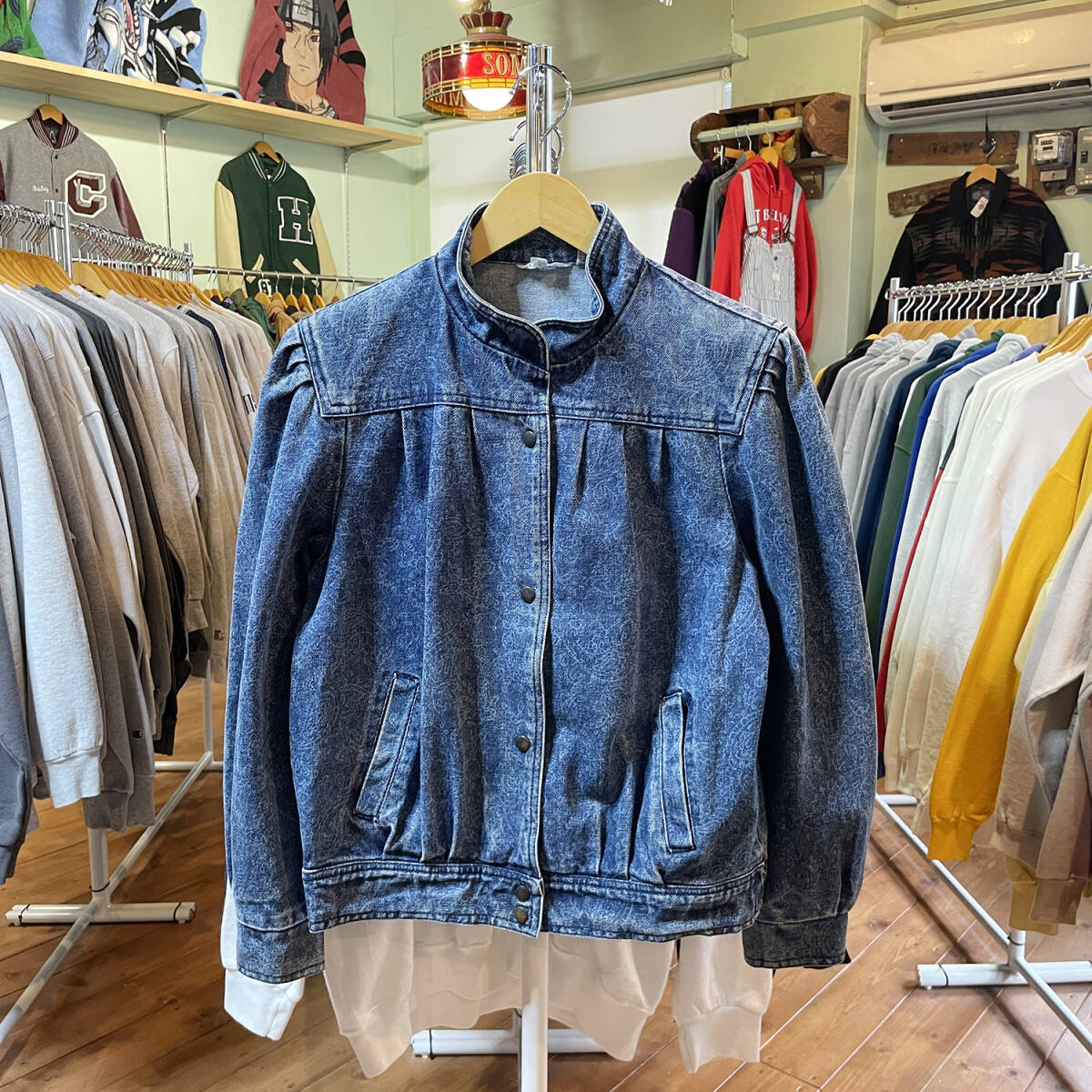 USA 古着 ヴィンテージ スタンドカラー 花柄 デニムジャケット Gジャン ジージャン ネイビー レディースL AE0006_画像1