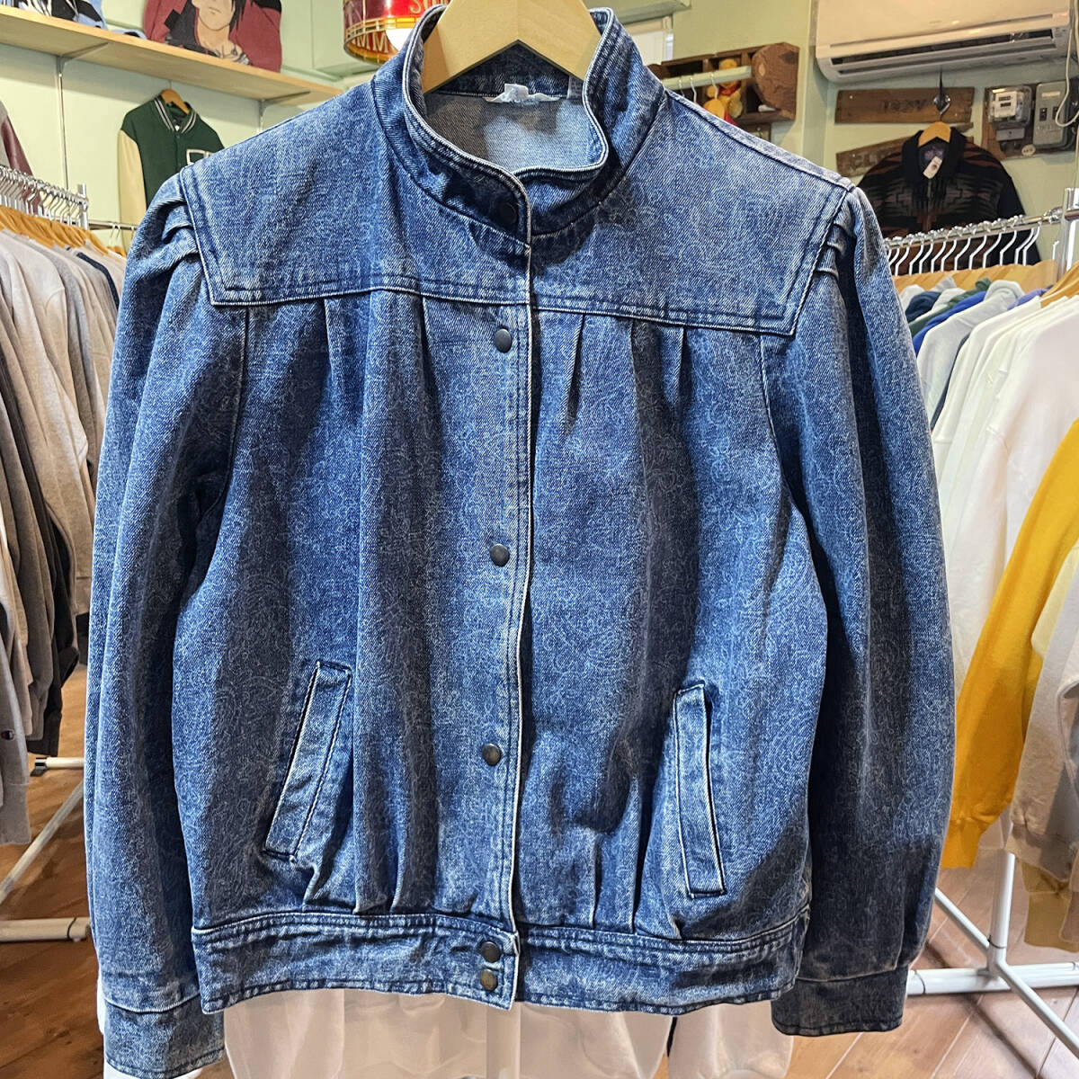 USA 古着 ヴィンテージ スタンドカラー 花柄 デニムジャケット Gジャン ジージャン ネイビー レディースL AE0006_画像4