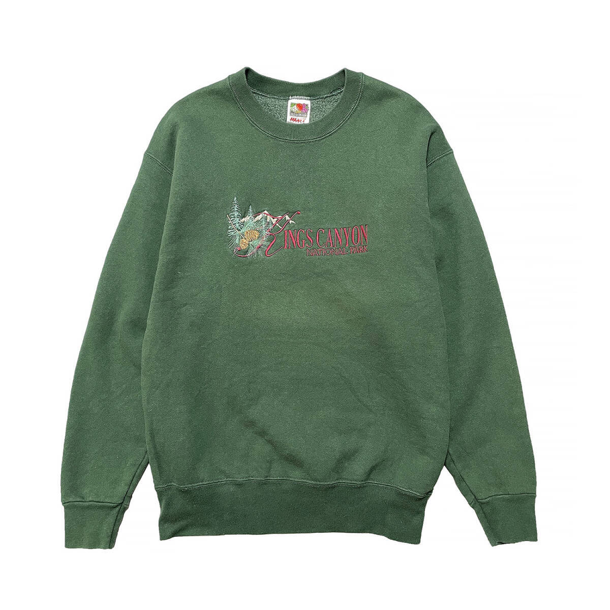 USA 古着 スウェット トレーナー ヘビーコットン キングズキャニオン国立公園 刺繍 クルーネック グリーン BD0423_画像1