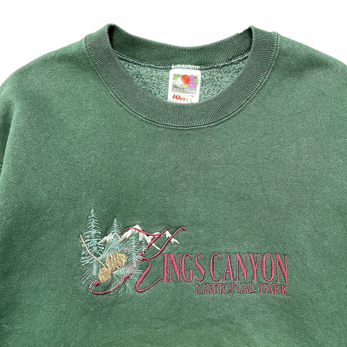 USA 古着 スウェット トレーナー ヘビーコットン キングズキャニオン国立公園 刺繍 クルーネック グリーン BD0423_画像3