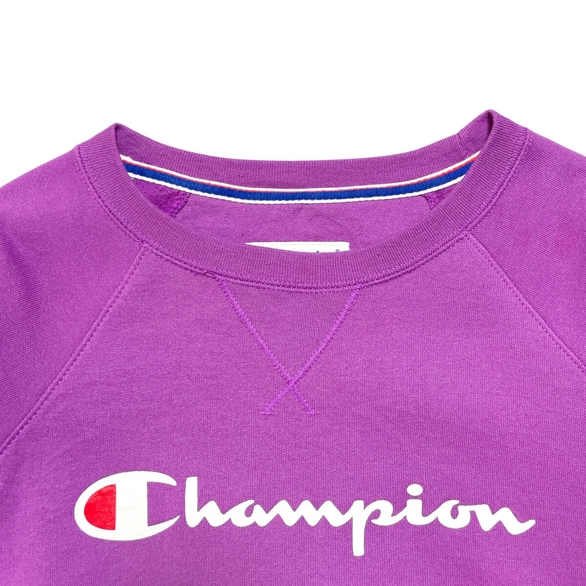USA 古着 Champion チャンピオン クルーネック 前V スウェット トレーナー プリント ロゴ パープル メンズM BD0432_画像3