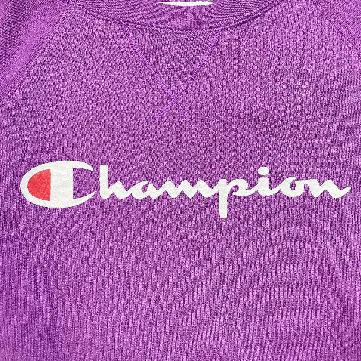 USA 古着 Champion チャンピオン クルーネック 前V スウェット トレーナー プリント ロゴ パープル メンズM BD0432_画像4