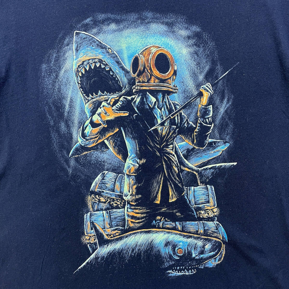 USA 古着 ダイバー サメ Tシャツ プリント ネイビー クルーネック BA2648_画像4
