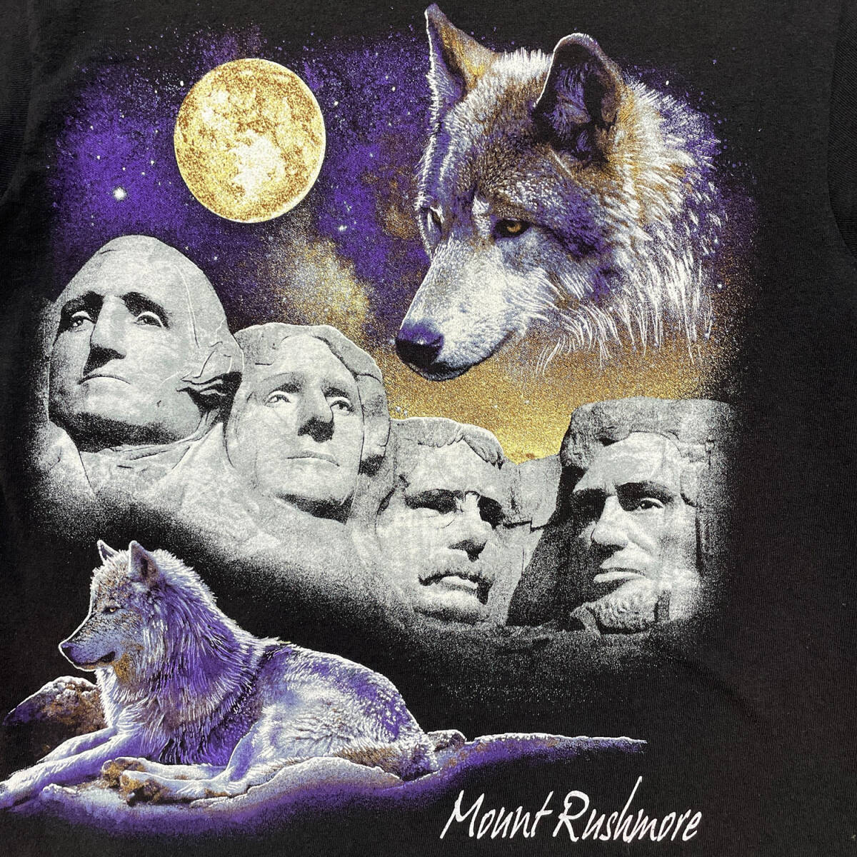 USA 古着 ラシュモア山 大統領 オオカミ Tシャツ ブラックヒルズ プリント ブラック メンズS クルーネック BA2649_画像4
