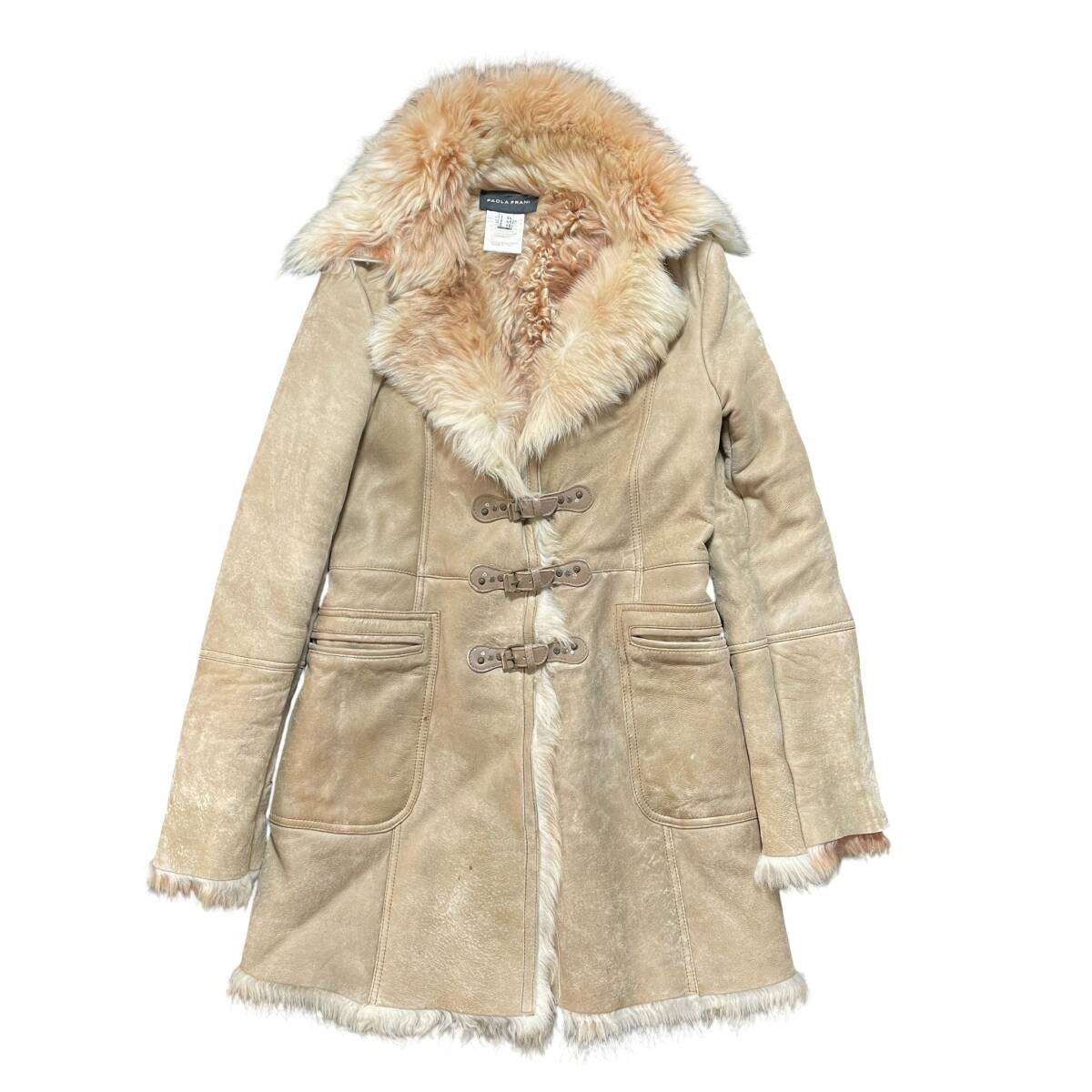 イタリア製 PAOLA FRANI パオラフラーニ アウター レザー ムートンコート ロングコート ファー レディースL 程度 ベージュ AK0094_画像1