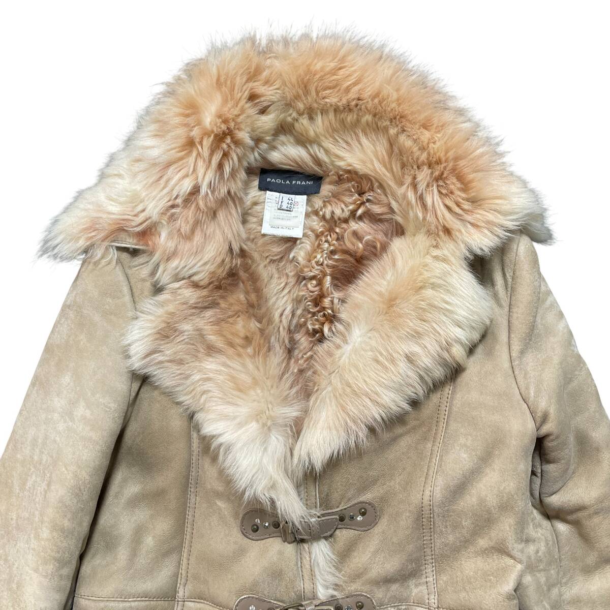 イタリア製 PAOLA FRANI パオラフラーニ アウター レザー ムートンコート ロングコート ファー レディースL 程度 ベージュ AK0094_画像4