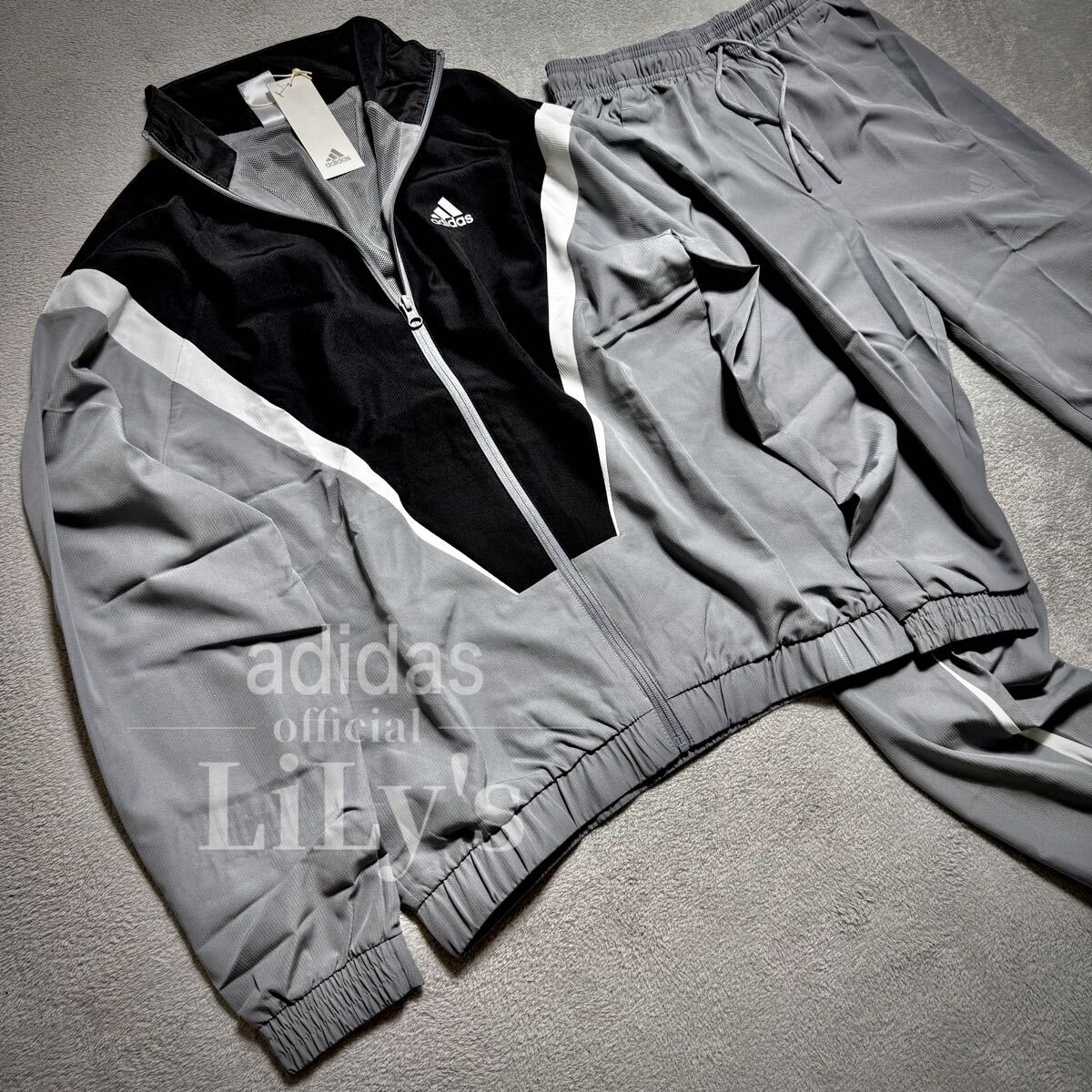 【Ｓサイズ】adidas上下セットアップ　グレー　ブラック　ウーブン　ウインド　IJ6072 DUC68 アディダス ナイロン ジャージ　新品未使用_画像2