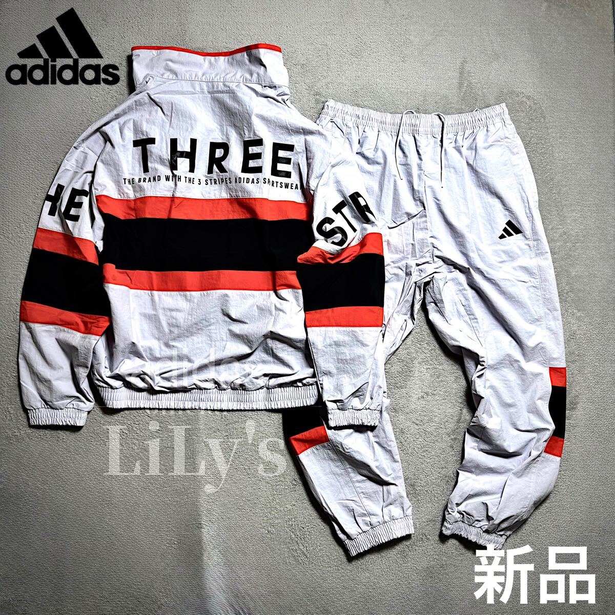 【Ｌサイズ】adidas上下セットアップ　25新作　新品　定価18,040円　白　JM2066 JM2069 KQD39 KQD40 ルーズフィット_画像1